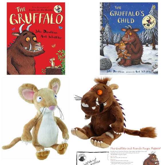 Julia Donaldson Books Gift Set Includes The Gruffalo and The Gruffalos Child Paperbacks, Gruffalo and Mouse Plush Stuffed Animal Book Characters and Activity Pages (Be Brave and Creative)