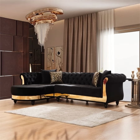 Julia Gold Detailed Tufted Upholstery Sectional made with Wood In Black
