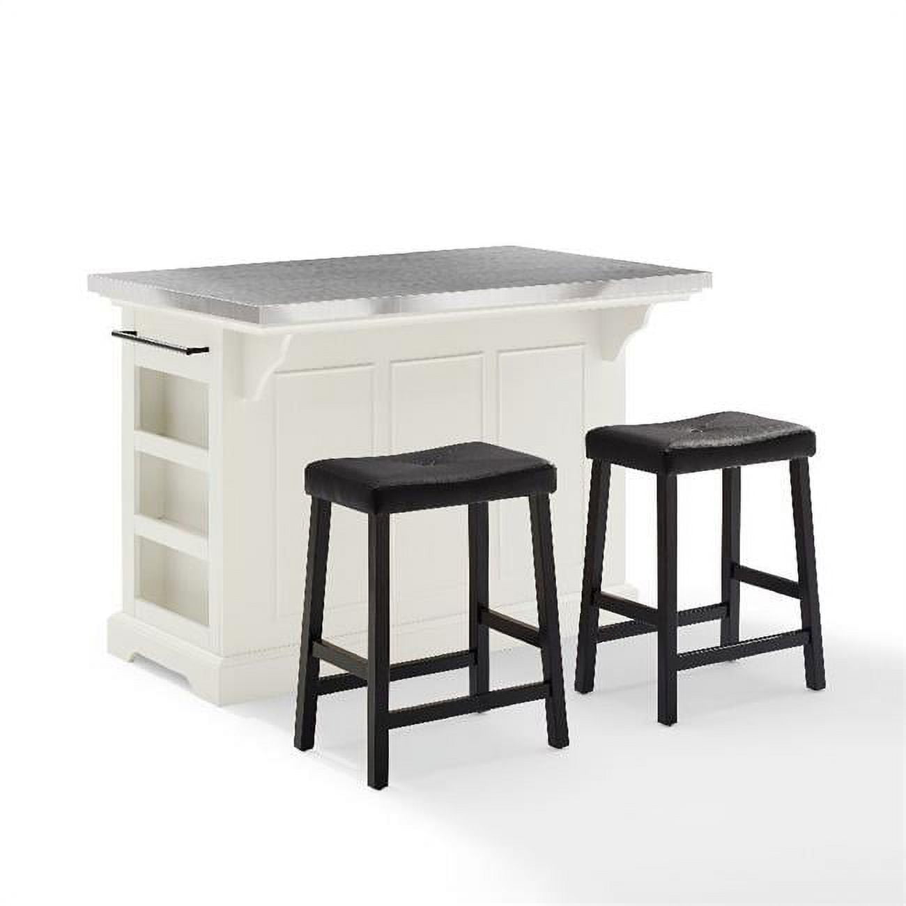 Elegant Julia White and Black Kitchen Island Set with Stainless Steel Top and Upholstered Stools