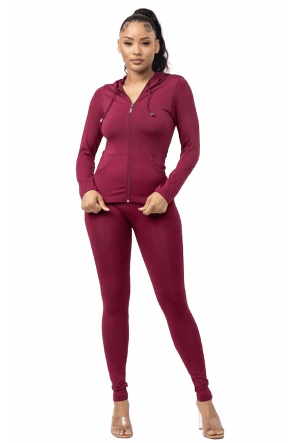 Julia by LoveJ Women's Seamless Zip-Up Hoodie Jacket & Leggings Set (2-Piece), Wine, S/M