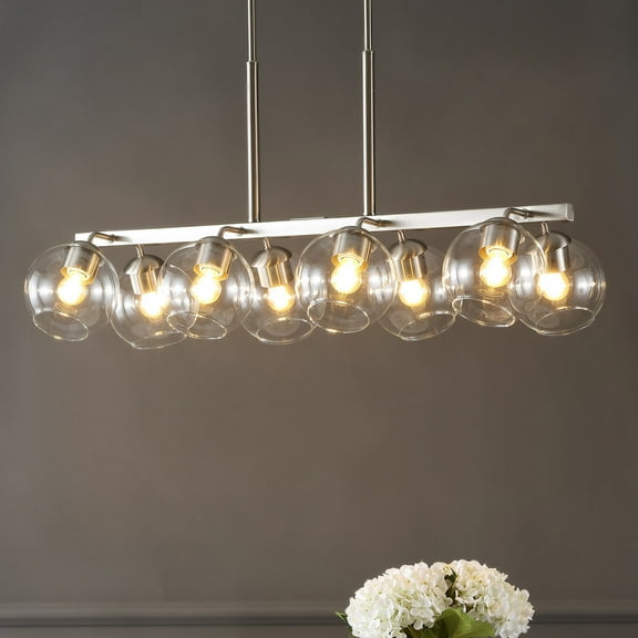 JONATHAN Y Julian 33.5" 8-Light Farmhouse Bohemian Iron/Glass Linear LED Pendant, Nickel/Clear