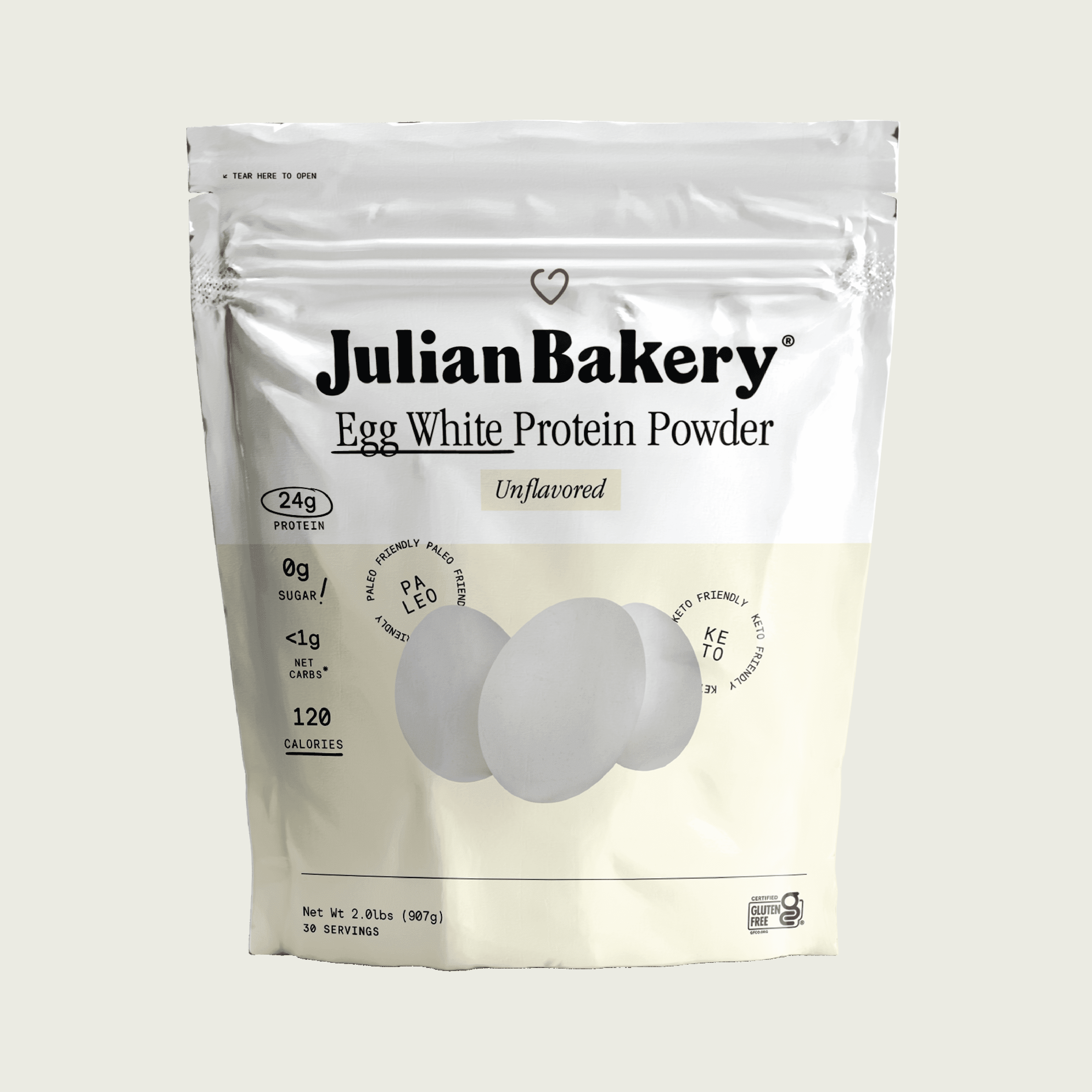 Egg White Protein Powder - Unflavored | 2.0 lbs (907 g) | Julian Bakery | 24g of Protein | Paleo & Keto Friendly | Sugar Free