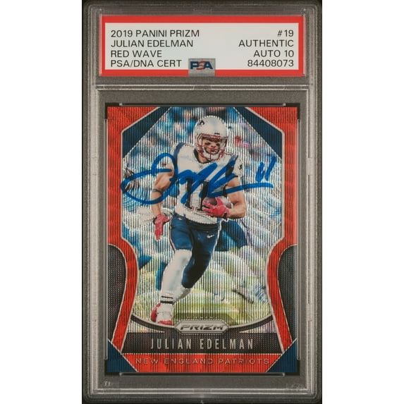 Julian Edelman 2019 Panini Prizm Red Wave Signed Card #19 Auto PSA 10 52/149