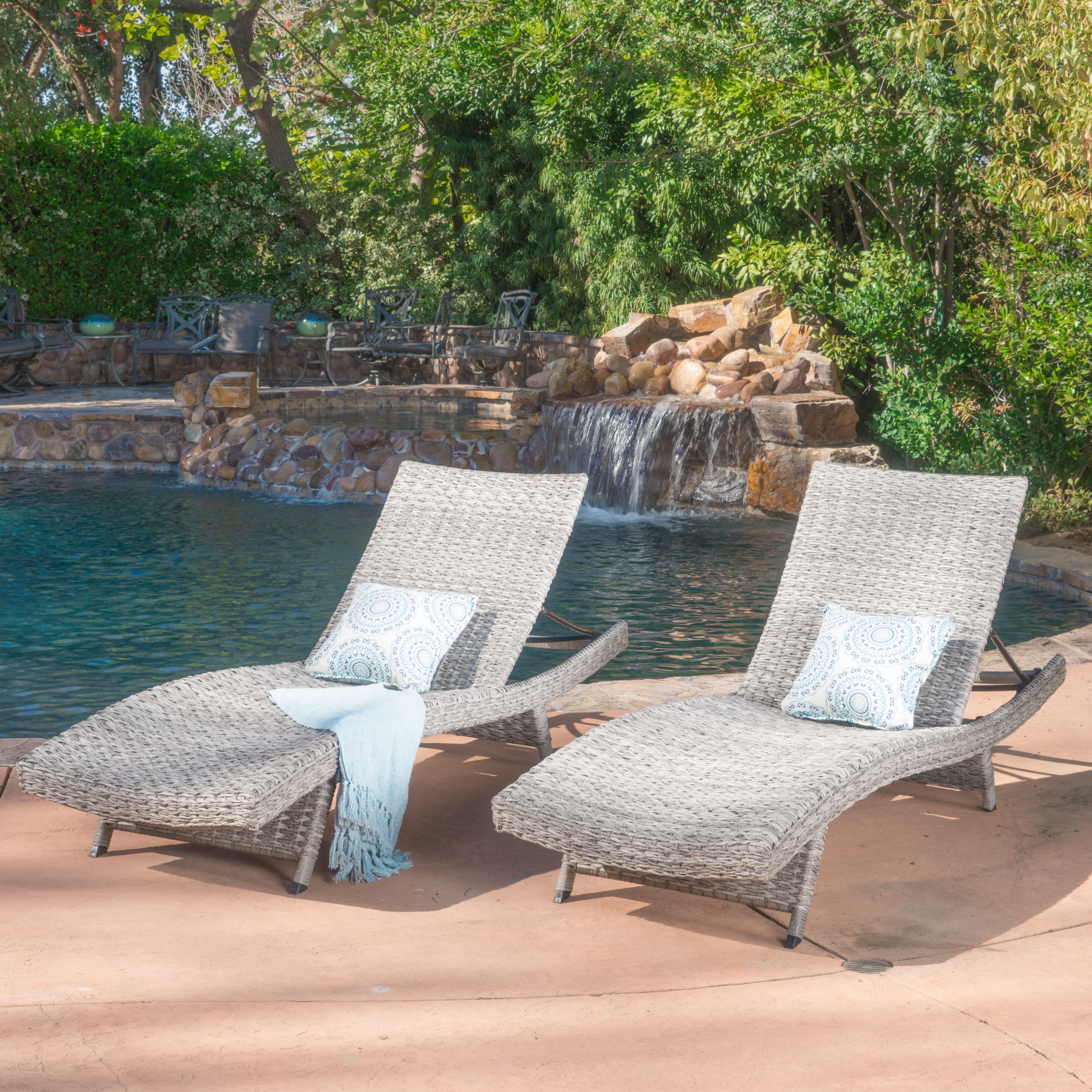 Julian Outdoor Wicker Chaise Lounge, Set of 2, Grey