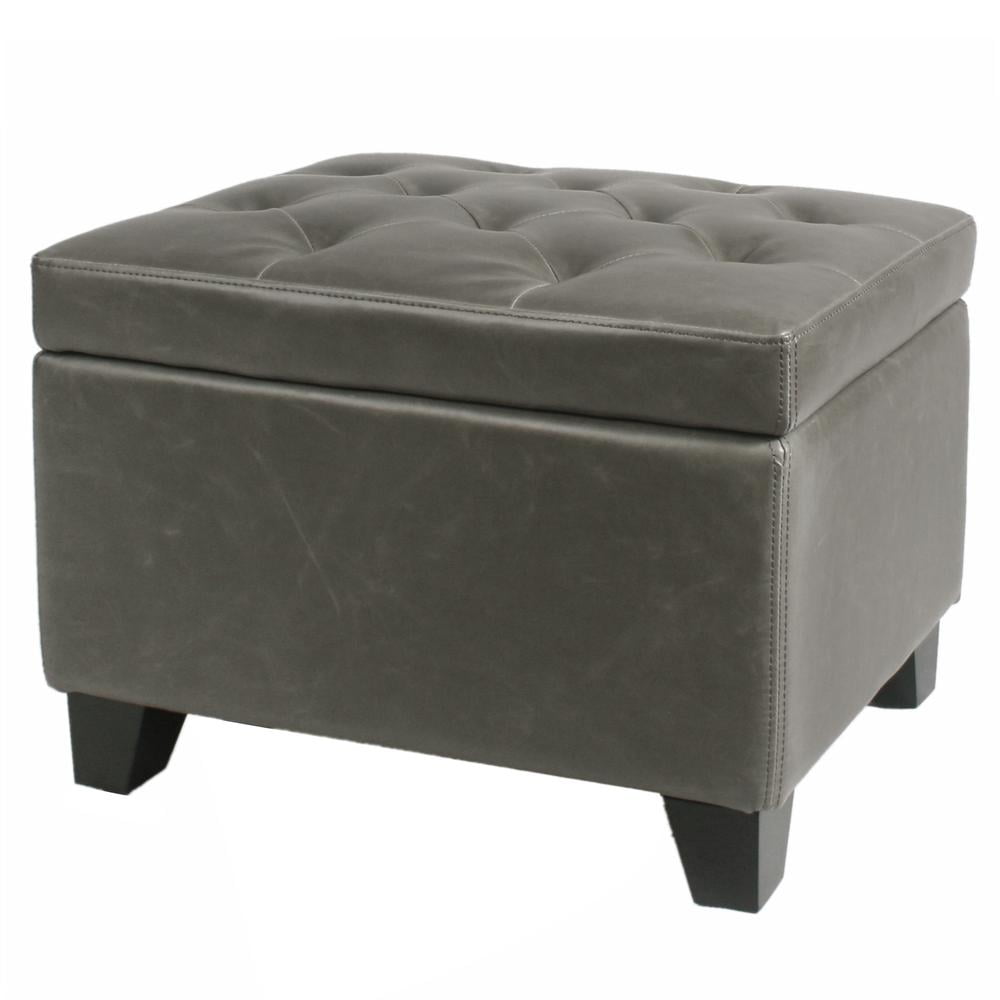 Julian Vintage Gray Bonded Leather Tufted Storage Ottoman with Tray