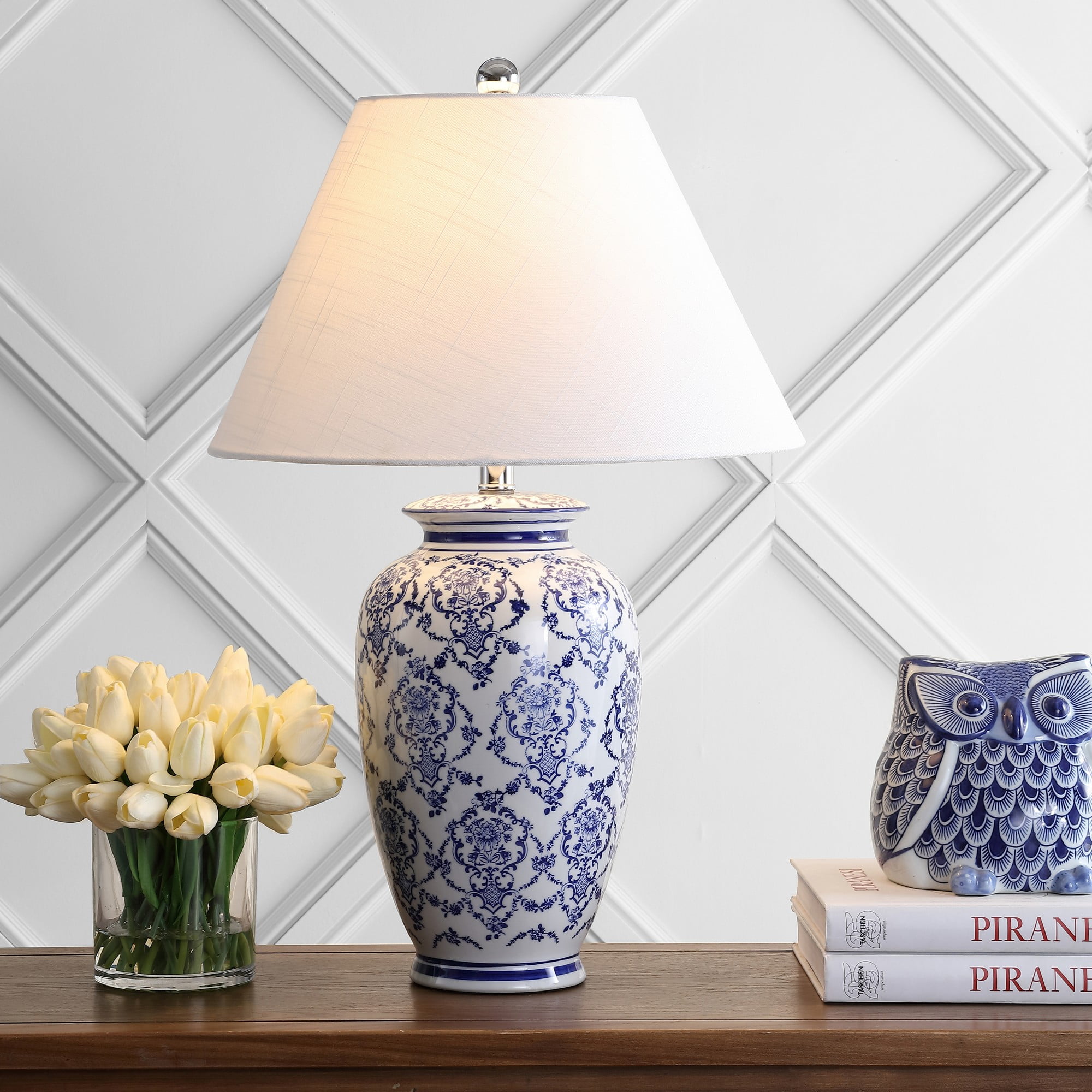 Elegant White and Blue Ceramic Table Lamp Set with LED Light