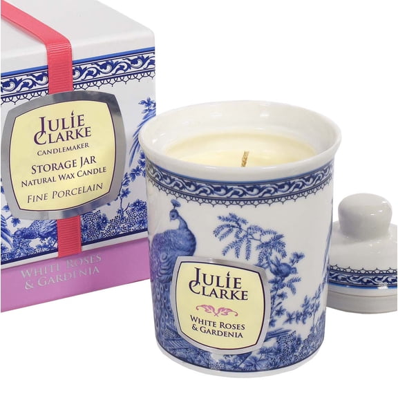 Julie Clarke Fine Porcelain 150g Scented Candle Storage Jar White Roses and Gardenia