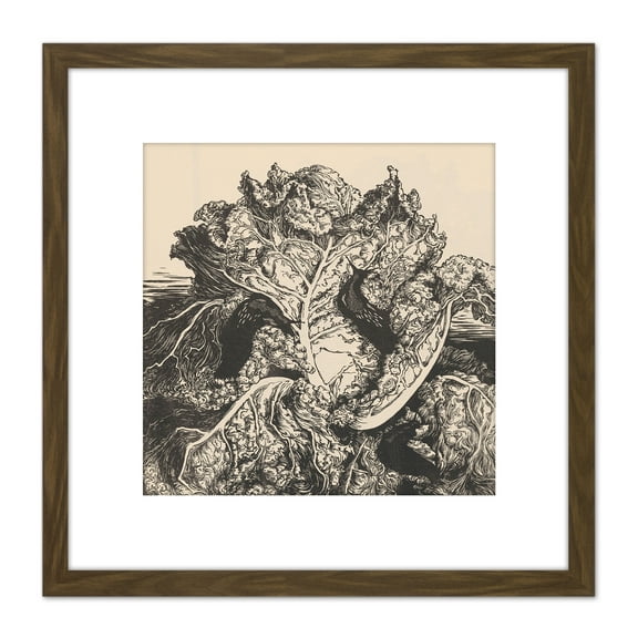 Julie De Graag Three Slugs On A Cabbage Woodcut 8X8 Inch Square Wooden Framed Wall Art Print Picture with Mount