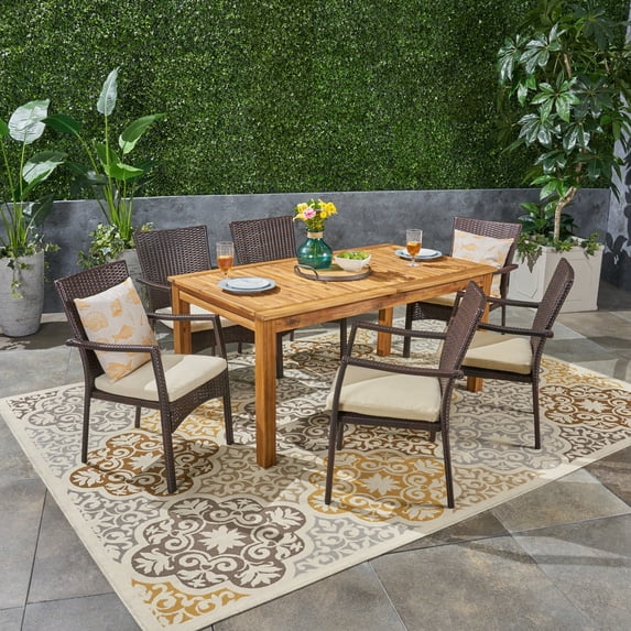 Julie Outdoor 7 Piece Acacia Wood and Wicker Expandable Dining Set with Cushions, Sandblast Natural Stained, Brown, Crème