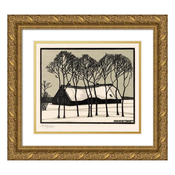 Julie de Graag 14x12 Gold Ornate Wood Frame and Double Matted Museum Art Print Titled - Farm in the Snow (1918)