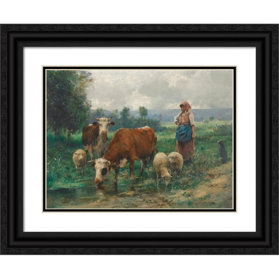 Julien Dupré 24x19 Black Ornate Framed Double Matted Museum Art Print Titled: The Shepherdess with Her Herd