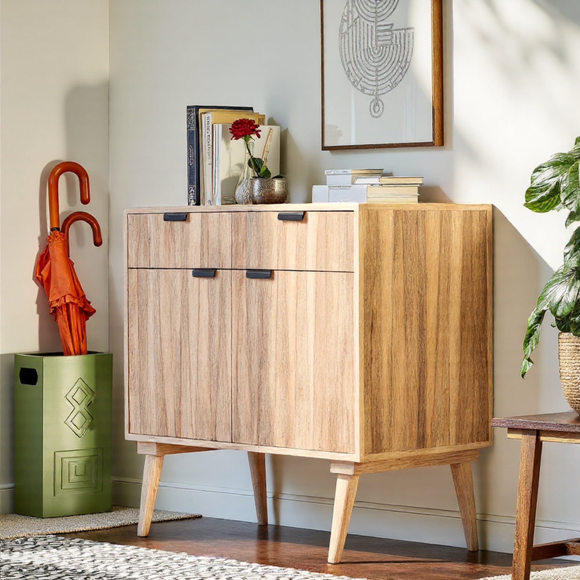 Natural Mango Wood Cabinet with Black Hardware and Drawers