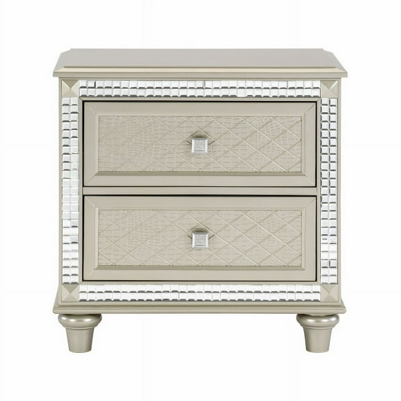 Juliette Collection Glamorous Silver Nightstand with Diamond-Patterned Embossed Drawer Fronts