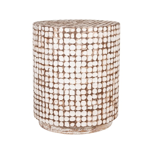 New Hampton Coconut Shell Round End Table, White Patina