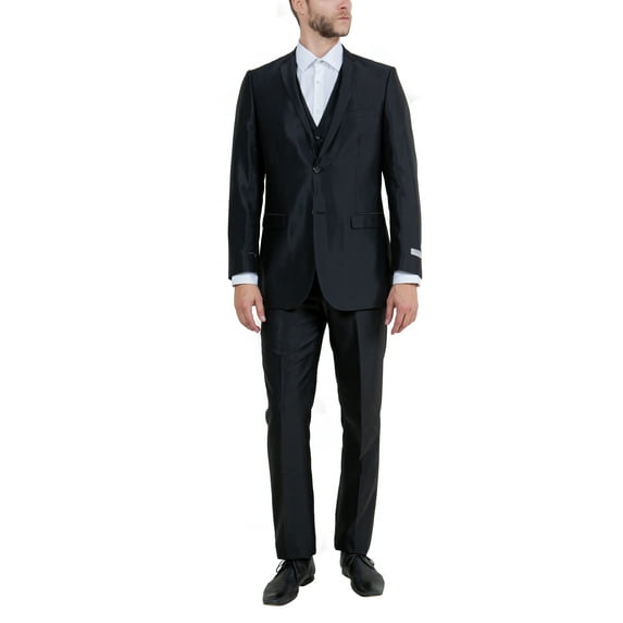 Julinie 3-Piece Solid Sharkskin Suit Set with Jacket, Vest, and Dress Pants, Slim Fit