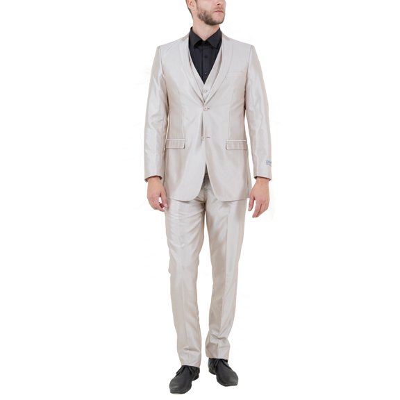 Julinie 3-Piece Solid Sharkskin Suit Set with Jacket, Vest, and Dress Pants, Slim Fit