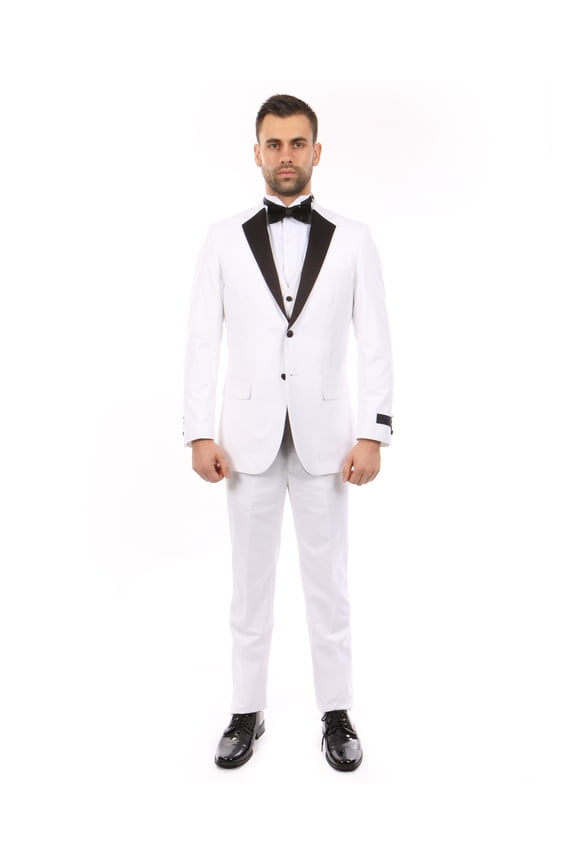 Mens Premium Tuxedo 3-Piece Satin Notch Lapel Two Button Jacket With Matching Vest & Pants-Slim Fit