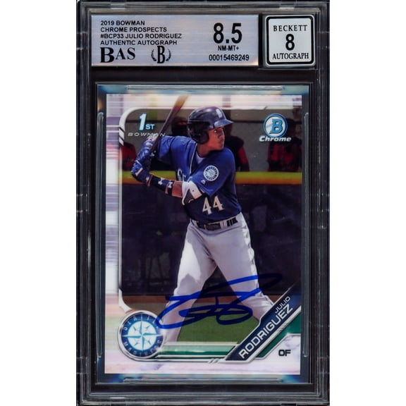 Julio Rodriguez Autographed 2019 Bowman Chrome Prospects Rookie Card #BCP33 Seattle Mariners BGS 8.5 Auto Grade Near Mint/Mint 8 Beckett BAS #15469249