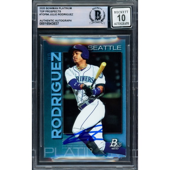 Julio Rodriguez Autographed 2020 Bowman Platinum Top Prospects Rookie Card #TOP94 Seattle Mariners Auto Grade Gem Mint 10 Beckett BAS 229014