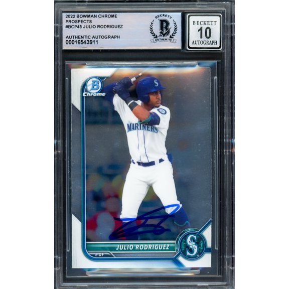 Julio Rodriguez Autographed 2022 Bowman Chrome Prospects Rookie Card #BCP45 Seattle Mariners Auto Grade Gem Mint 10 Beckett BAS 229016