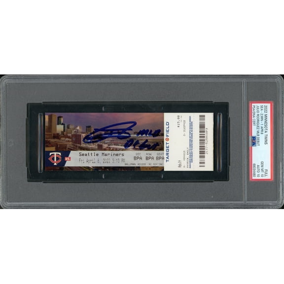 Julio Rodriguez Autographed 2022 MLB Debut Rookie Ticket 4/8/2022 Seattle Mariners PSA 10 Auto Grade Gem Mint 10 "MLB Debut" (Stadium) PSA/DNA Stock #262030