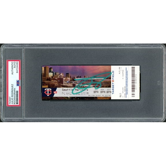 Julio Rodriguez Autographed MLB Debut Ticket 4/8/22 Seattle Mariners City Picture In Teal PSA/DNA 209772