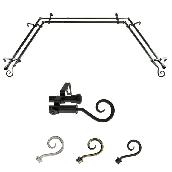 Julius 13/16" Double Bay Window curtain rod Adjustable 20"-36", 38"-72" - Black,(ABay-20-2D)