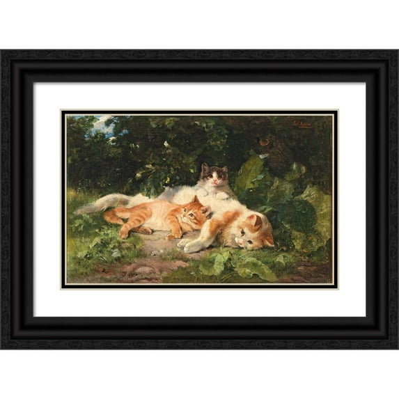 Julius Adam the elder 18x13 Black Ornate Wood Framed Double Matted Museum Art Print Titled - Cat with Her Kittens