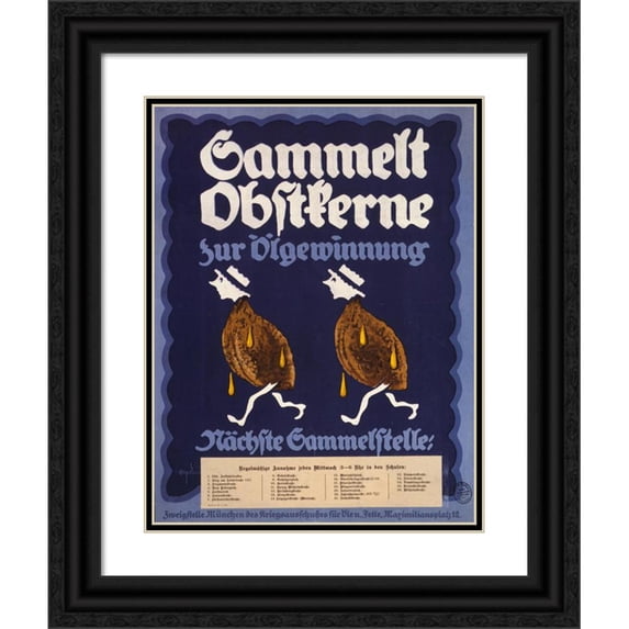 Julius Gipkens 12x14 Black Ornate Wood Framed Double Matted Museum Art Print Titled: Collect Fruit Cores for Oil Extraction; Next Collection Point (1917)