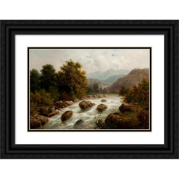 Julius Rose 24x17 Black Ornate Framed Double Matted Museum Art Print Titled: Alpine Landscape with River