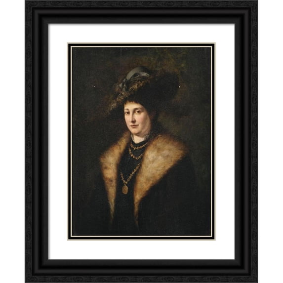 Julius Victor Carstens 14x18 Black Ornate Wood Framed Double Matted Museum Art Print Titled - Portrait of a Lady in a Dark Dress with a Fur -Filled Coat (1878)
