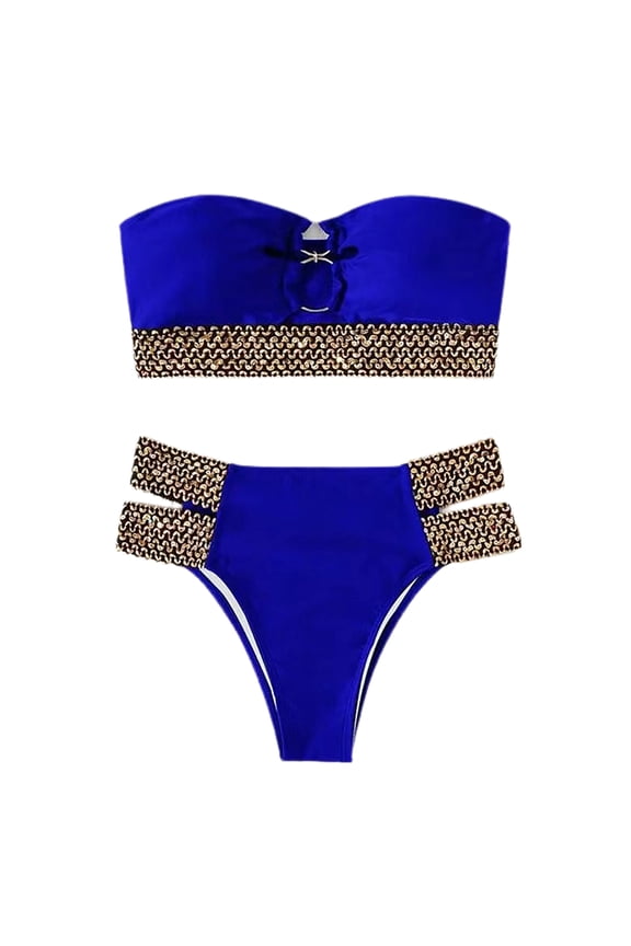 1 Set Ring Connection Off Shoulder Bikini Set Bandeau Bra High Waist Briefs Swimwear Beachwear