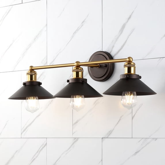 JONATHAN Y July 26.5" 3-Light Industrial Farmhouse Metal Vanity Light, Oil Rubbed Bronze/Brass Gold