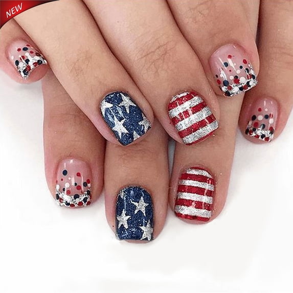 July 4 Independence Day Short Square Patriotic Acrylic Press On Nails, US Flag Silver Glitter Fake Nails, 24 Pcs Reusable Glue On False Nails for Memorial Day Holiday Party Daily Manicure Supplies