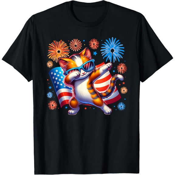July 4Th Dabbing Kitty Cat Usa Flag Firework T-Shirt