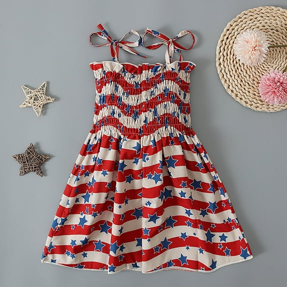 July 4Th 4Th of July Clothes for Girls 3T Toddler American Flag Dresses Patriotic Usa Dress Summer Casual Kids Cute Sleeveless Dress Spaghetti Strap Adjustable Midi Pleated Dress Flash
