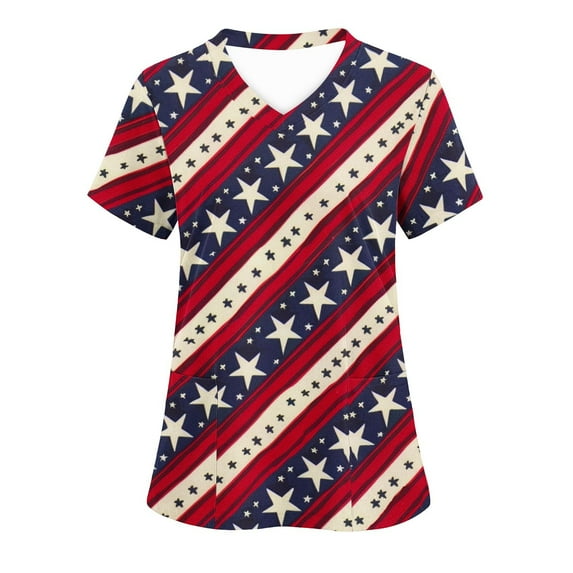 July 4Th Scrub Tops,Cadancy Plus Size Nurse Uniforms for Women Summer Cotton,Vacation Clothes 2025 Blouses Casual,Blue Stripe Shirt V Neck,Patriotic Memorial Day,Camisetas Mujer M