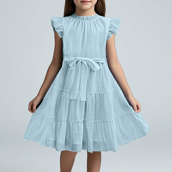 July 4Th Girls Dresses Size 12 Long Sleeve Girls' Dresses Ruffle Sleeves Summer Dress Ruffle Neck Chiffon Dress Plain Children's Dress A Line Party Dress Kids Festive Dress with Belt 5 13 Years