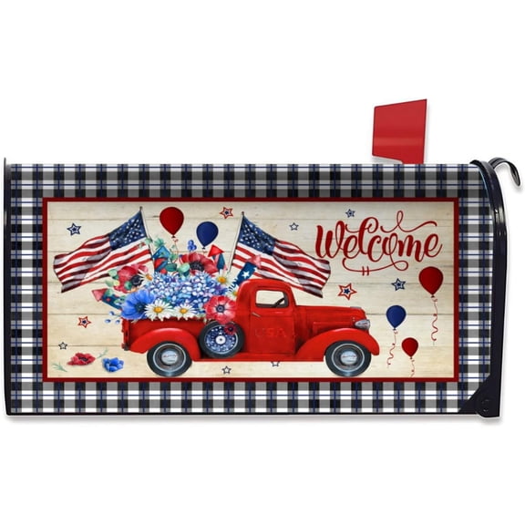 July 4Th Independence Day Mailbox Cover Magnetic Standard Size 18x21 Inch USA Patriotic American Flag Welcome Red Truck Wraps Post Letter Box for Home Garden Yard Decor