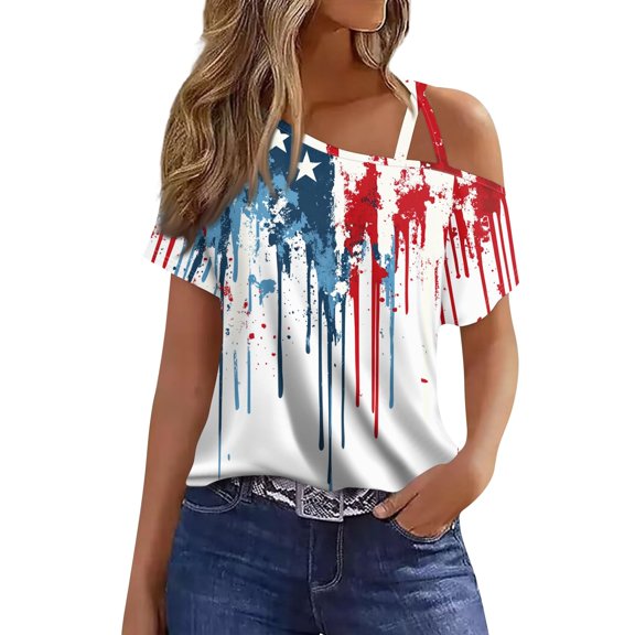 July 4Th Outfit Women, Summer Casual Cold Shoulder Of Sexy Short Sleeve T-Shirt American Flag Top Red White And Royal Blue Womens Shirt Tank Tops For Women Outfit Shirt (S, White) ZMTing
