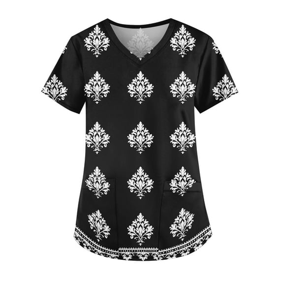 July 4Th Shirts For Women, Plus Size Printed Scrub Working Uniform Tops V Neck Short Sleeve Tshirts Workwear Tee With Pockets Bottoms Women Scrubs Fourth Of Shirts Outfit (M, Black) ZMTing