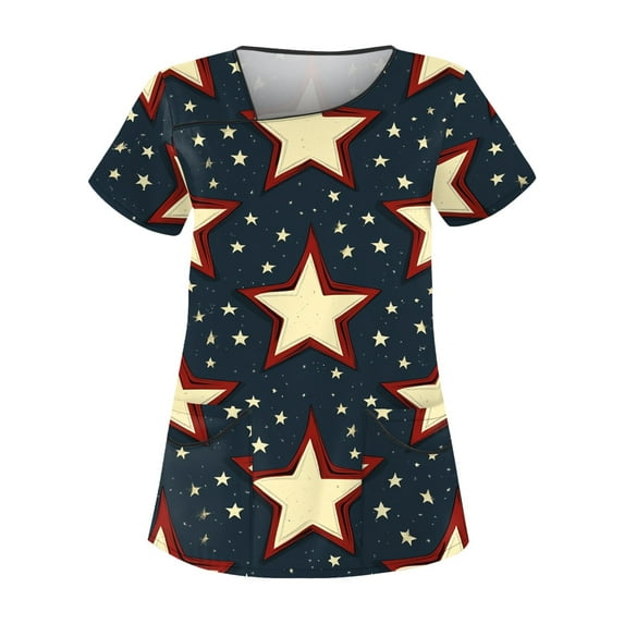July 4Th Shirts For Women, Of Scrub Tops Women Plus Size Skew Collar Short Sleeve Workwear With Double Layer Pockets Red White And Royal Blue American Flag Top Jackets Scrubs (XXL, Navy) ZMTing