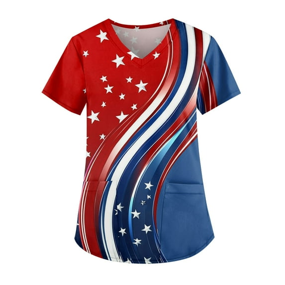 July 4Th Shirts For Women, Of Scrub Tops Women Plus Size V Neck Short Sleeve Workwear With Double Layer Pockets Red White And Royal Blue American Flag Top Flare Pants Tops (5XL, Red) ZMTing