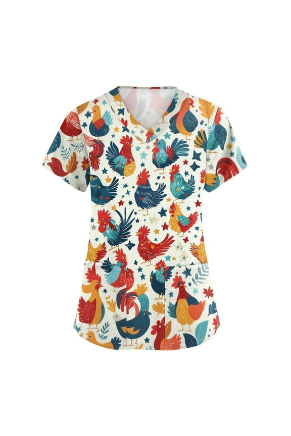 July 4Th Shirts For Women, Of Scrub Tops Women Plus Size V Neck Short Sleeve Workwear With Pockets Red White And Royal Blue American Flag Top Outfits Shirts Outfits Shirts (5XL, Beige) ZMTing