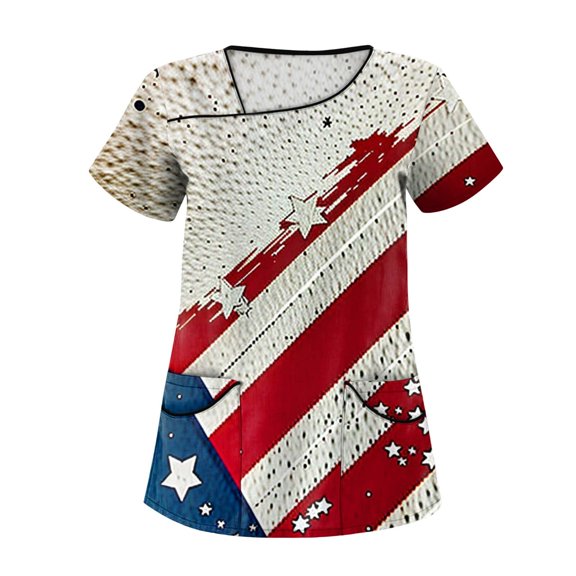 July 4Th Shirts For Women, Scrubs Tops Of Plus Size Skew Collar Short Sleeve Workwear With Double Layer Pockets Red White And Royal Blue American Flag Top Scrubs Shirt Tank (S, Vermilion) ZMTing