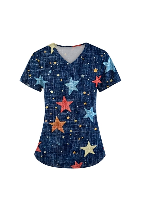 July 4Th Shirts For Women, Scrubs Tops Of Plus Size V Neck Short Sleeve Workwear With Pockets Red White And Royal Blue American Flag Top Scrub Joggers Women Tops Outfits (S, Dark Blue) ZMTing