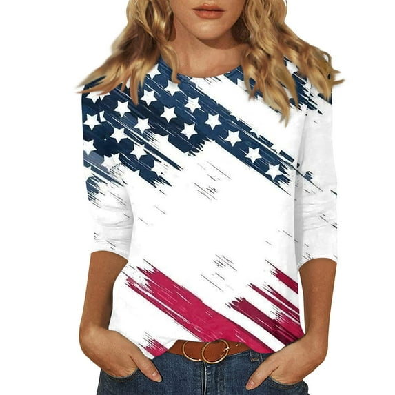July 4th 3/4 Sleeve Shirts for Women American Flag Stars Stripes Shirts T-Shirt Cute Graphic Tees USA Flag Patriotic Tshirts Tunic Tops