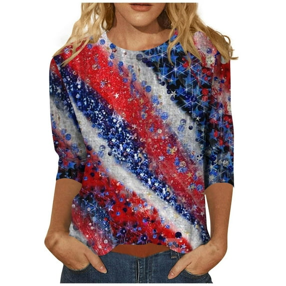 July 4th 3/4 Sleeve Shirts for Women American Flag Stars Stripes Shirts T-Shirt Cute Graphic Tees USA Flag Patriotic Tshirts Tunic Tops