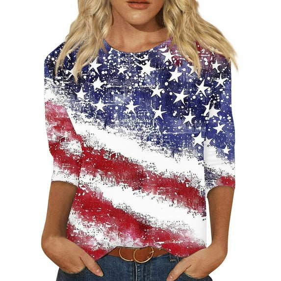 July 4th 3/4 Sleeve Shirts for Women American Flag Stars Stripes Shirts T-Shirt Cute Graphic Tees USA Flag Patriotic Tshirts Tunic Tops