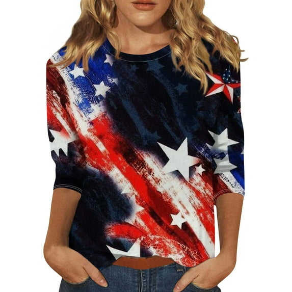 July 4th 3/4 Sleeve Shirts for Women American Flag Stars Stripes Shirts T-Shirt Cute Graphic Tees USA Flag Patriotic Tshirts Tunic Tops